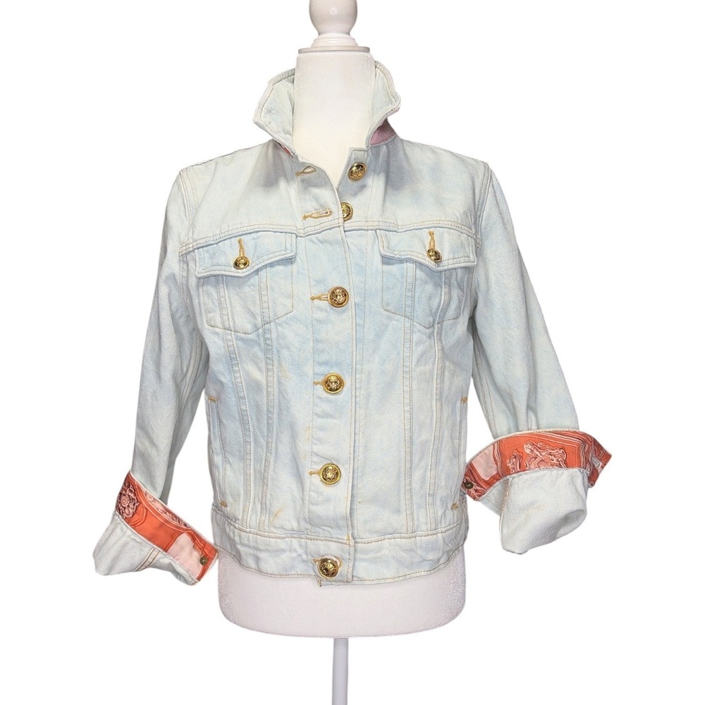 Ohama Couture Light Wash Denim Jacket Silk Hermes Trim Gold Crest Buttons M